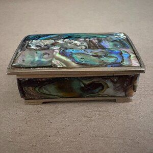 Vintage Mexican alpaca & abalone rectangular hinged velvet lined trinket box